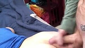 Curvy bbw handles a fat uncut monster cock until cumshot covers her big ass.