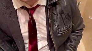 Men in leather suits play at the office