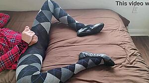 I jerk off as shemale in plaid dress and argyle tights.