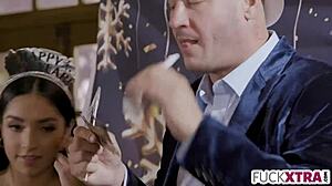 tiny teen's shy deepthroat and hardcore fucking in new years eve surprise