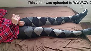 I jerk off as shemale in plaid dress and argyle tights.