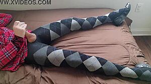 I jerk off as shemale in plaid dress and argyle tights.