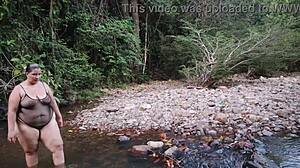 big natural tits chick bends over wet for outdoor big cock sex with tattoo friend at river