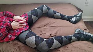 I jerk off as shemale in plaid dress and argyle tights.