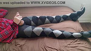 I jerk off as shemale in plaid dress and argyle tights.