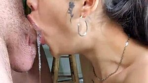 Wife deepthroats cock with cum in throat