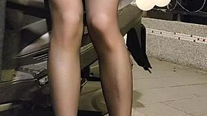 shemale ting xuan in office lady suit plays with love egg outdoors at work