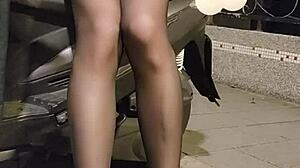 shemale ting xuan in office lady suit plays with love egg outdoors at work