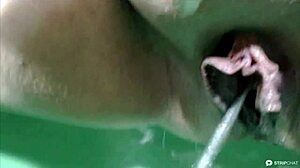 Amateurs russian milf performs wet pussy squirt and pissing show on webcam. She explores mature cunt golden shower in asshole fucking.