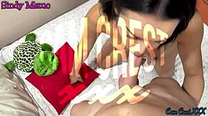 Sindy Memo eagerly blows a hard wet dick in asian shemale blowjob scene with cumshot.