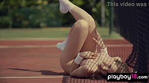 I saw Kate Chromia stripping at the court, her clothes ripping to show her natural tits and pussy outdoors.