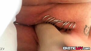 Horny Babe Toys Pierced Pussy with Homemade Dildo