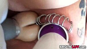 Horny Babe Toys Pierced Pussy with Homemade Dildo