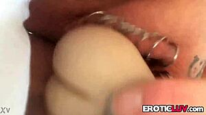 Horny Babe Toys Pierced Pussy with Homemade Dildo