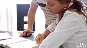 horny russian teen carre says, 'bend me over the desk and bang me hard'