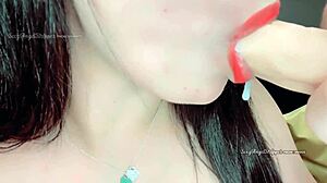 Hot latina brunette gives jerk off instructions while fisting her ass and sucking dildo until cum facial.