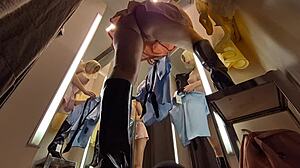 Amateur horny blonde flashes wet pussy without panties under skirt on hidden camera