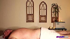 Teen Aria Banks gives sensual massage with blowjob to plump client