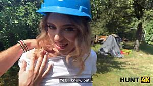 So, this sexy blonde Fanta Sie gets caught watching and ends up fucking the old hunter outdoors in pov for her annual salary in public