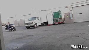 Suggestive scene of a bad girl teen seducing her mechanic with hardcore action.