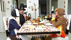 during family thanksgiving the nasty milf teases her father-in-law with taboo pussy play and uncle joins in