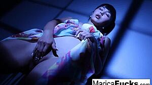 Japanese pornstar Marica Hase strips nude showing tits pussy and ass solo!