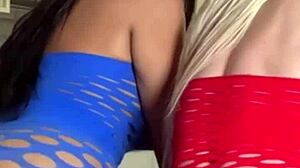 lesbian threesome with blonde brunette and glasses girl turns into foursome with boy deepthroating and muff diving