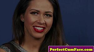 gorgeous british milf in stockings gets horny blowjob handjob leading to european facial cumshot