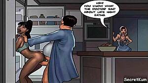 Cheating husband feels intense desire while brutally fucking sexy ebony maid in kitchen.