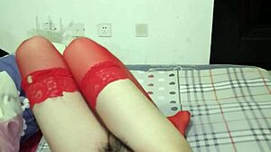 Ladyboy Yiyi masturbation orgasm spasm in stockings and silk