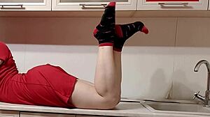 Incredible Housewife Teasing In Kitchen With Striped Panties And Feet Washing