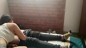 Horny young latina strokes huge cock and sucks it dry