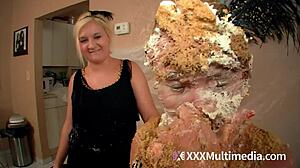 Two blondes get wet and messy while smoking and masturbating, ending with a pie in the face