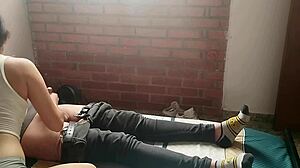 Horny young latina strokes huge cock and sucks it dry