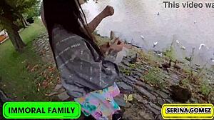 Serina was feeding ducks, then sucked Dean's big cock and swallowed his cum.