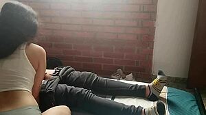 Horny young latina strokes huge cock and sucks it dry