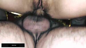 in the sauna, she had sex wearing black fishnet stockings on her hairy pussy