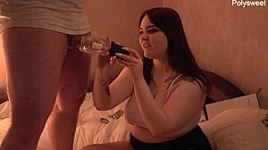 Curvy brunette milf unpacks and tests new sex toy on caged guy with spanking