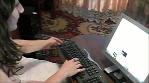 sexy milf in fetish stockings and lingerie gives handjob while flashing in bedroom