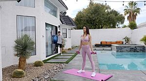 Personal trainer bends eva long over and tests her pussy with his big cock 😏