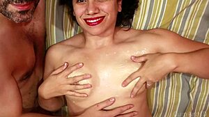 cum on tits during romantic couple blowjob and handjob