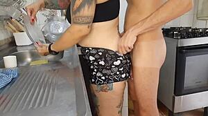 Brazilian maid takes big cock bareback creampie in kitchen with small tits ass sex