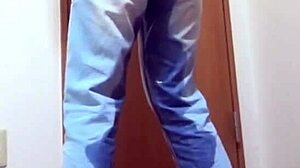 Girl pees in jeans while brother uses bathroom