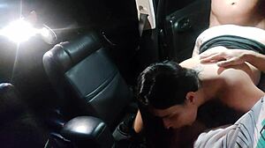 Amateur wife with big tits gets deepthroat spanking outdoors on the street while ball licking and moaning in gay action.