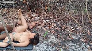 Curly Brunette Teases And Licks Big Black Cock Before Amateur Assfucking In Bushes