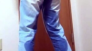 Girl pees in jeans while brother uses bathroom