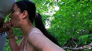 Young black haired brunette wife with long hair sucks fat big cock in nature forest until cum in mouth fucking