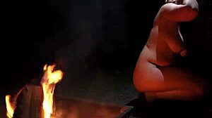 Curvy fat babe with big tits gets naked in nature for outdoor camping cock sucking