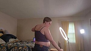 clara crisp, the tall chubby milf bbw with hairy fat body, gets ready solo for giantess fetish video behind the scenes