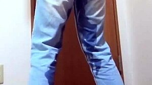 Girl pees in jeans while brother uses bathroom